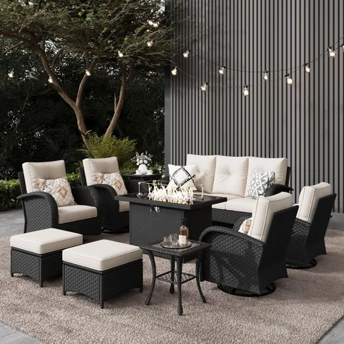 LayinSun - Juego de 10 piezas de muebles seccionales de patio para el aire libre con mesa para fogata, juegos de sillas giratorias reclinables de