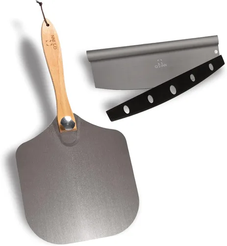 Pala de pizza de aluminio de 12 x 14 pulgadas con mango de madera plegable para un fácil almacenamiento. La paleta de pizza se puede utilizar