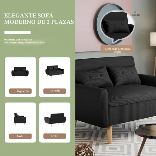 Miniatura 4 de Vongrasig Sofá biplaza pequeño y moderno de 48 pulgadas, tela de pana suave de mediados de siglo, sofá de 2 plazas con cojines traseros y patas Negro