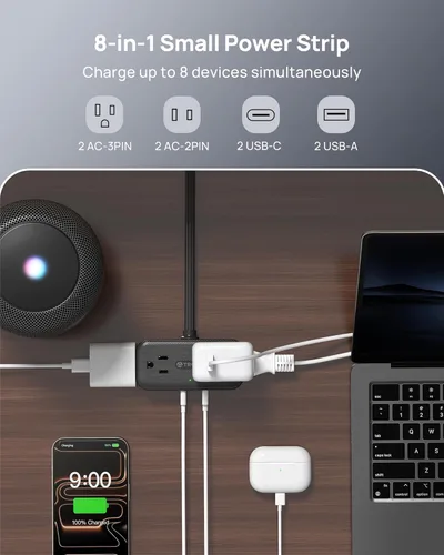 Miniatura 2 de TROND Regleta de alimentación de enchufe plano de 3 pies, cable de extensión plano pequeño con múltiples tomas, 4 puertos de CA y 4 puertos USB