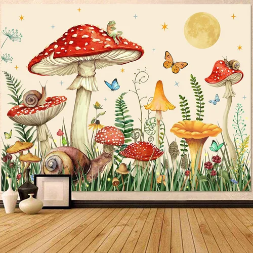 Miniatura 8 de Zussun Tapiz de hongo rojo, tapices de luna y estrella para dormitorio, estética de color beige, noche estrellada, planta verde, tapiz de pared