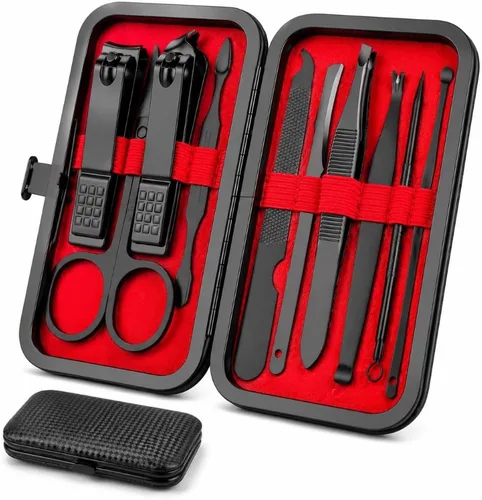 OKOMER Juego de cortaúñas – Juego de manicura profesional de 10 piezas de acero inoxidable con estuche de viaje, juego de cortaúñas regalo para