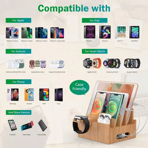 Miniatura 4 de Estación de carga para teléfono celular Pezin & Hulin, organizador de muelle de bambú para múltiples dispositivos, tabletas, reloj inteligente