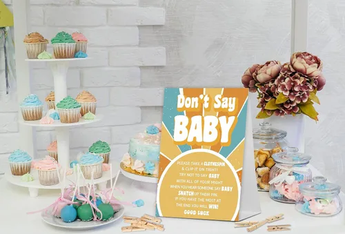 Miniatura 3 de No digas juego de bebé, Here Comes the Sun, juego de baby shower incluye letrero de baby shower y 50 pinzas para la ropa, decoración de baby shower