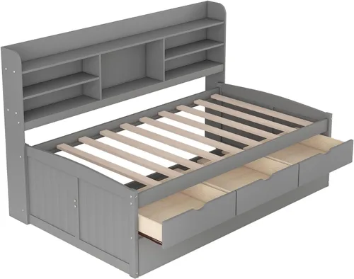 Miniatura 9 de Sofá cama versátil con 3 cajones de almacenamiento y nido, cama capitán de madera de tamaño individual con estantes integrados para sala de estar