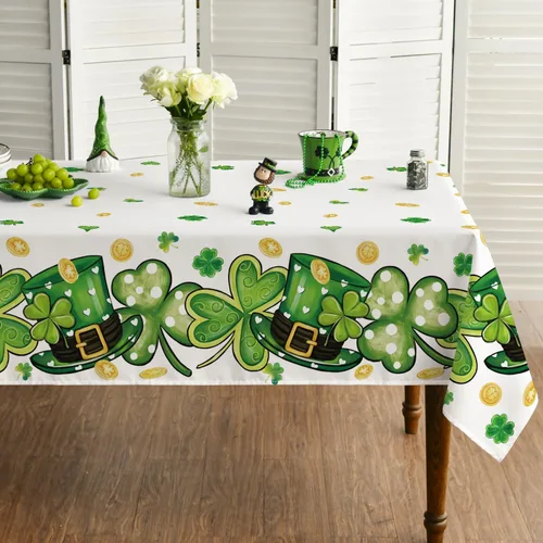 Horaldaily Mantel del Día de San Patricio de 52 x 70 pulgadas, sombrero de trébol blanco lavable para fiesta, picnic y cena