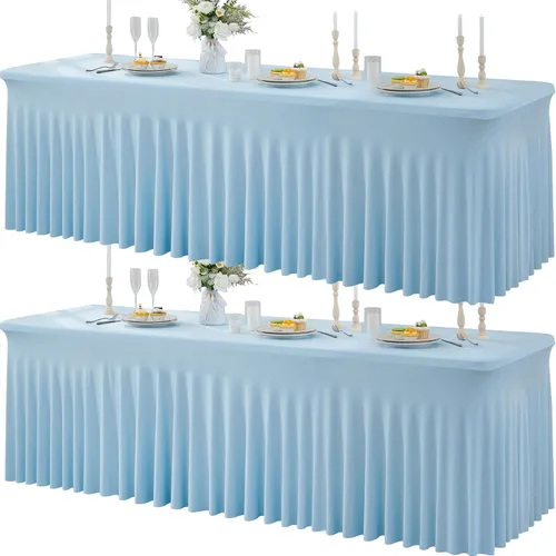 Miniatura 91 de Paquete de 2 manteles de spandex para mesas rectangulares de 8 pies, mantel elástico rosa de 8 pies, manteles ajustados, falda de mesa para fiestas
