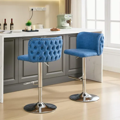 Miniatura 11 de Juego de 2 taburetes de bar de cuero, taburetes de bar giratorios de altura ajustable con botón trasero copetudo y patas de metal cromado dorado