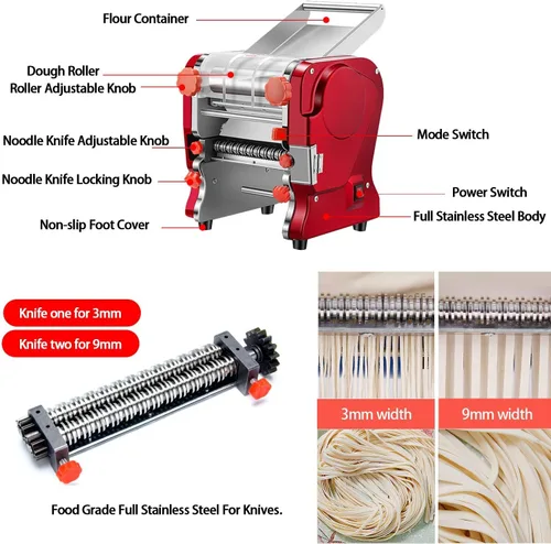 Miniatura 5 de Máquina para Hacer Pasta, Fabricadora Eléctrica de Fideos y Dumplings para Uso Doméstico/Comercial, Completamente de Acero Inoxidable con Cuchillo