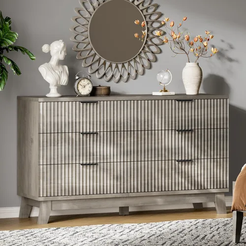 Xixini Cómoda acanalada con 6 cajones, cómoda moderna de 54 pulgadas de ancho con mango de metal, soporte de TV de madera, organizador de