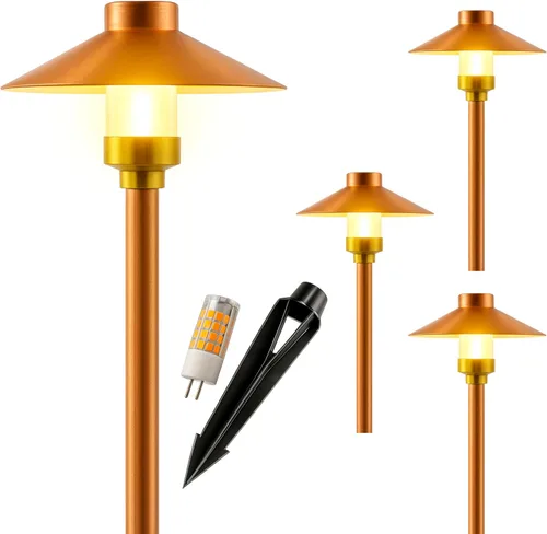 Luz LED Pathway 126 para paisaje (paquete de 4) 12 V, cobre sólido, bajo voltaje, 4 W, G4, bombilla LED incluida para exteriores, hongos, seguridad,