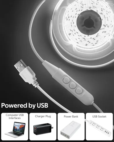 Miniatura 2 de Aclorol Tira de luz LED COB regulable de 5 V alimentada por USB, 6.56 pies, luz de tira LED blanca fría para dormitorio, sin puntos, 640 LED, cinta