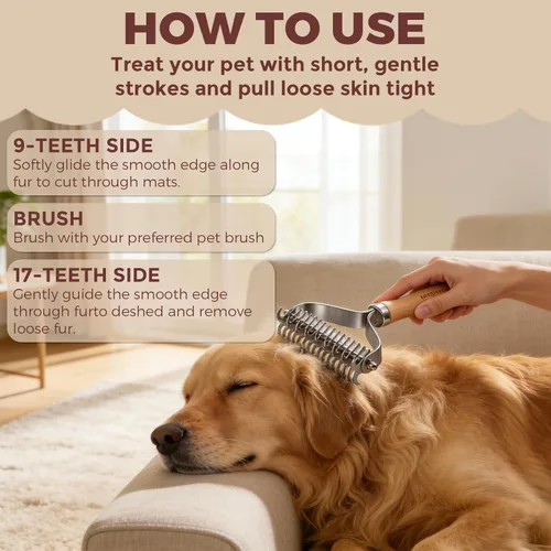 Miniatura 3 de Rastrillo de capa interior para perros, peine profesional para desenmascarar mascotas con mango de madera, cuchillas de acero inoxidable