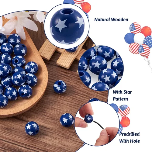 Miniatura 2 de FASHEWELRY 50 cuentas de madera patrióticas del 4 de julio de 0.632 pulgadas (0.630 in), estrella azul, bandera estadounidense, día