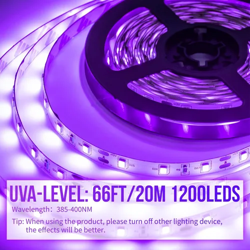 Miniatura 2 de Kit de tira de luz LED negra de 66 pies, 1200 unidades de cuentas de lámpara, 385 nm-400 nm, accesorios de luz negra flexible de 12 V, cinta LED