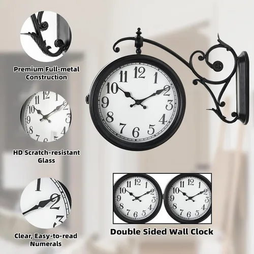 Miniatura 3 de Reloj de pared de doble cara, reloj de pared vintage de metal europeo, relojes de pared grandes de esquina antiguos para jardín, interior, exterior