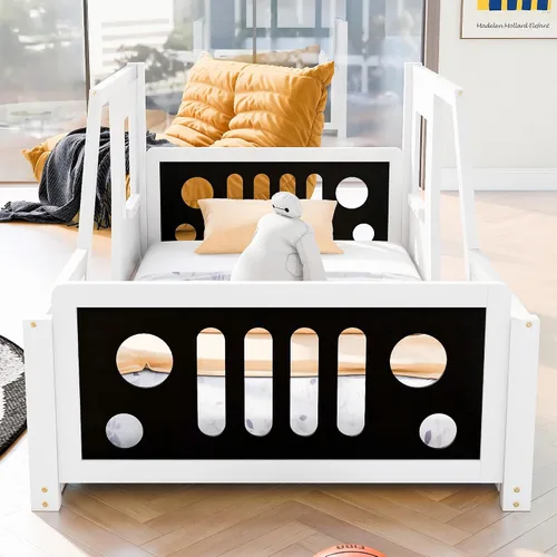Miniatura 4 de Polibi Cama de plataforma, tamaño individual, cama clásica de madera en forma de automóvil con ruedas, cabecero, estribo, puertas, ventanas