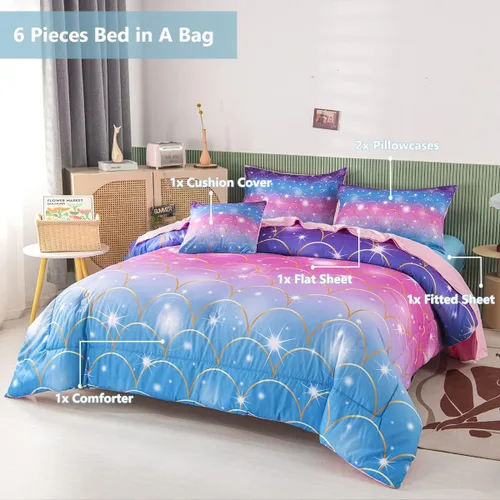 Miniatura 2 de PERFEMET Juego de edredón de sirena rosa, tamaño matrimonial, 6 piezas en una bolsa, juego de ropa de cama de arco iris colorido para adolescentes