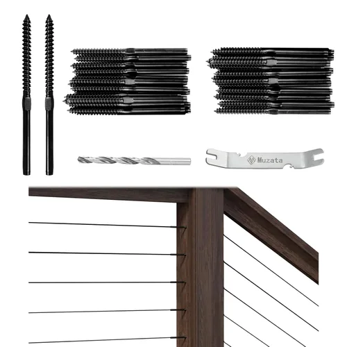 Muzata Paquete de 40 Kit de Herrajes para Barandilla de Cable Negro de 1/8", Tirafondos de Expansión con Rosca Izquierda y Derecha para Poste de