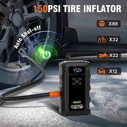 Miniatura 3 de Arrancador con compresor de aire, caja de batería de coche de 3000 A para vehículos diésel de 8.5 gas/6.5 L, inflador de neumáticos de 150 PSI