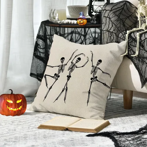 Miniatura 6 de JOOCAR Fundas de almohada de calavera de Halloween, diseño de esqueleto, divertida funda de cojín para sofá, decoración del hogar, 16 x 16 pulgadas