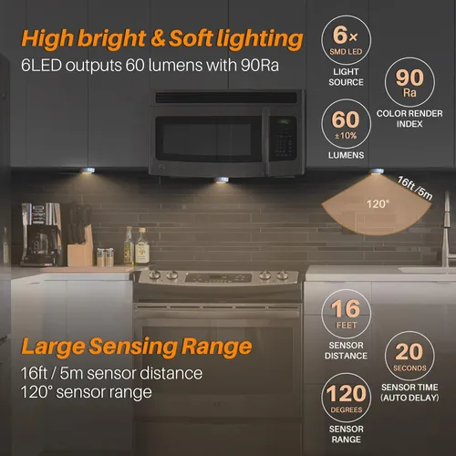 Miniatura 2 de STAR-SPANGLED Paquete de 6 luces con sensor de movimiento de 2.8 pulgadas para interiores, funciona con pilas AAA, luz LED para pegar en escaleras