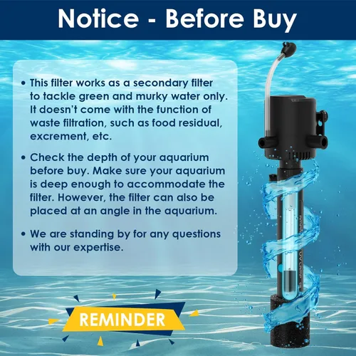 Miniatura 8 de Filtro de agua verde acuario, luz U-V con bomba de agua sumergible, filtro U-V con aireación y salida de agua doble, temporizador de 4 velocidades