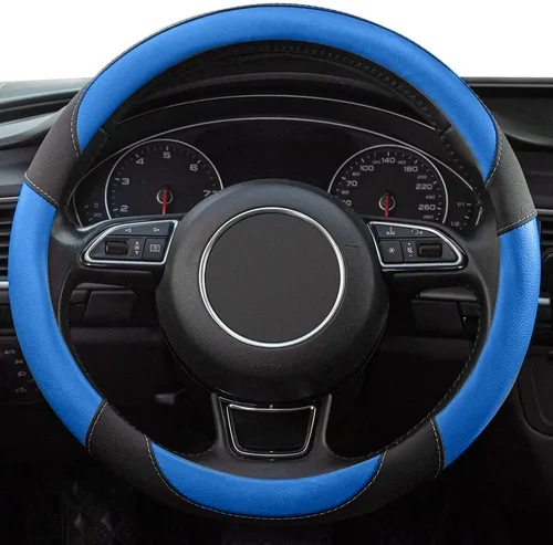 Miniatura 2 de Funda universal para volante de piel de microfibra negra y azul, de 15 pulgadas para automóvil, camión, SUV, transpirable, antideslizante y sin olor