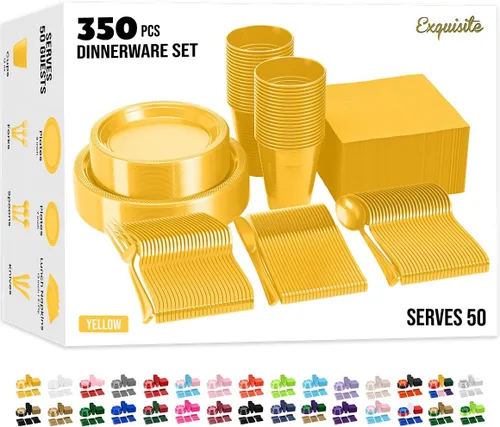 350 Piezas Platos de Plástico Amarillos Para Fiestas, Juego de Platos Desechables Amarillos, 50 de Cada Juego de Platos de Cena de 9", Plato de