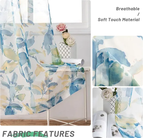 Miniatura 3 de VISIONTEX Cortinas transparentes con estampado de gasa, estilo abstracto europeo, estampado de hojas azules y amarillas, 2 paneles para decoración