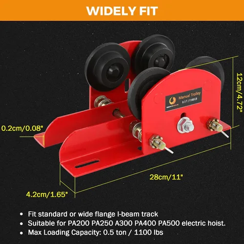 Miniatura 7 de BEAMNOVA Carro manual para I-Beam con brida ancha de 1.57-4.64 pulgadas, para elevación eléctrica PA200 PA250 PA300 PA400 PA500, resistente, 4