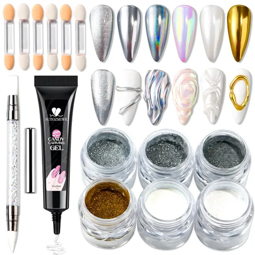 Miniatura 11 de Kit de Polvo de Uñas Cromado y Gel de Uñas 3D, Efecto Espejo Metálico Brillante Polvo Cromado Para Arte de Uñas, Pigmento de Polvo de Inmersión