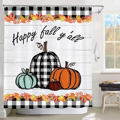 Miniatura 12 de GOOESING Cortinas de ducha de calabaza a cuadros otoñales, calabazas de otoño, hojas de arce, cortina de baño impermeable para baño, juego