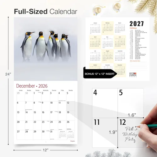 Miniatura 5 de RED EMBER Penguins - Calendario de pared 2026 de 12 meses, 12 x 24 pulgadas, abierto, papel grueso y resistente, para regalar, calendario