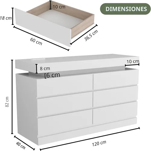 Miniatura 2 de Gyfimoie Cómoda de 6 cajones con toma de corriente, Cómoda con luz LED, Cajonera moderna para armario, Organizador de cajones doble ancho para Blanco