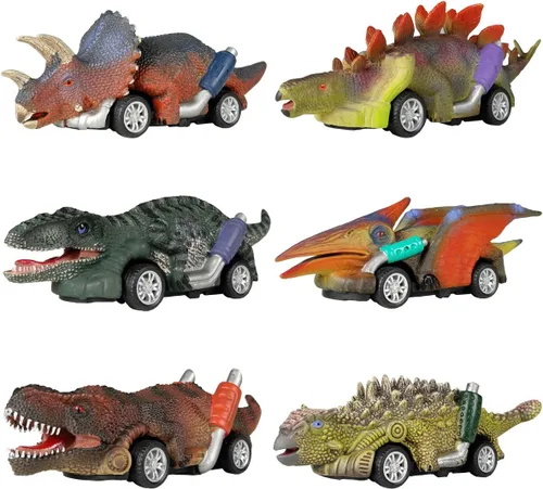 DINOBROS Coches de juguete de dinosaurio, paquete de 6 juguetes de dinosaurio para niños y niñas de 3 años, juguetes para niños de 3, 4, 5 años en