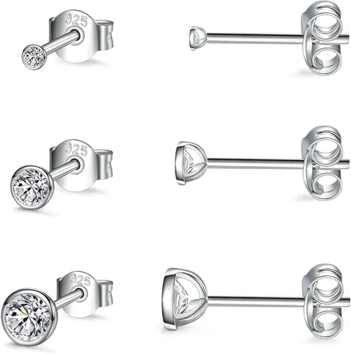 Aretes tipo dormilona de plata esterlina para mujeres, hombres, niñas. 3 pares de pequeños aretes redondos de circonita cúbica con circonita cúbica,