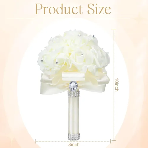 Miniatura 2 de Jutom Paquete de 10 ramos de boda para novia, rosas de dama de honor, ramo de novia, ramo de flores de boda con cintas suaves de diamante para Crema