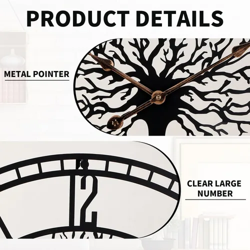 Miniatura 3 de Dankeit Reloj de pared con diseño de árbol de la vida, de metal negro de 24 pulgadas, reloj de pared de gran tamaño para sala de estar, dormitorio