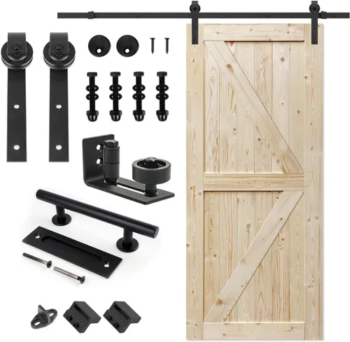 Miniatura 34 de S&Z TOPHAND 20 pulgadas x 84 pulgadas. Puerta de granero anudada británica sin terminar con kit de herrajes deslizantes de 4 pies/madera