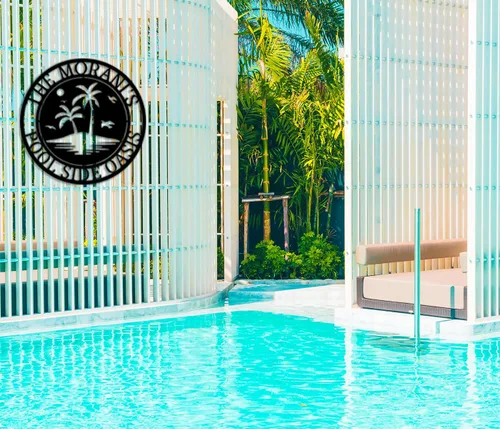 Miniatura 2 de Letrero de paraíso junto a la piscina, letrero de patio trasero, letreros personalizados con nombre de familia, decoración de piscina personalizada