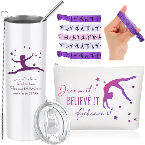 Junkin 3 piezas de regalos de gimnasia para mujeres, incluye vaso de acero inoxidable con bolsa de maquillaje y pajita, lazos elásticos para el