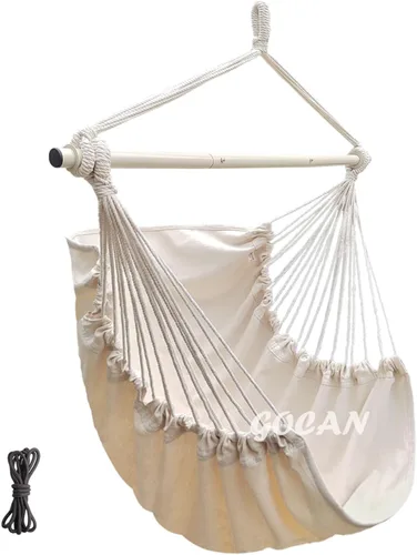 Miniatura 8 de Silla colgante extra grande, 135 × 43.3 in, capacidad de carga de 330.7 lbs, hamaca de algodón con barra de soporte de metal, asiento ancho