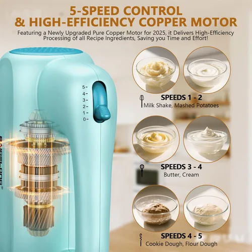 Miniatura 3 de BAIGELONG Batidora eléctrica de mano, mezclador de cocina de 5 velocidades con 5 accesorios de acero inoxidable 304 + base de almacenamiento, Azul