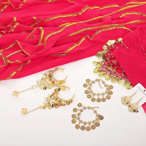 Miniatura 29 de Haysandy Conjunto de 8 piezas de danza del vientre para mujer, falda de danza del vientre, bufanda de cadera, 2 pulseras, aretes, pulsera de tobillo