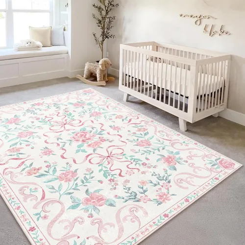 Miniatura 47 de Alfombra de área de 5 x 7 pies para sala de estar, alfombra verde boho antideslizante lavable, alfombra vintage de pelo bajo, alfombra grande