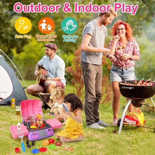 Miniatura 2 de Juego de barbacoa para niños, juego de cocina con luz de sonido de humo de simulación, para niñas pequeñas, color rosa, para niños de 3 a 5 años, 4