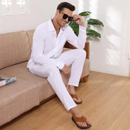 Miniatura 8 de EndoraDore Men's Outfits Linen Button Down Long Sleeve Shirt And Casual Beach Drawstring Waist Pants 2 Piece Set