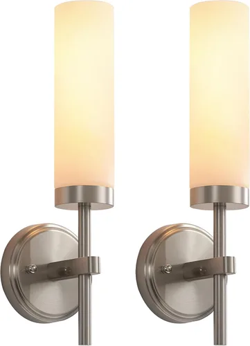 Juego de 2 apliques de pared de níquel cepillado para baño, iluminación de pared con vidrio blanco, apliques modernos para decoración de pared,