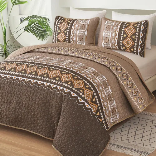Miniatura 11 de WONGS BEDDING Juego de edredón bohemio de color beige, tamaño Queen, juego de colcha con estampado geométrico con 2 fundas de almohada, juego
